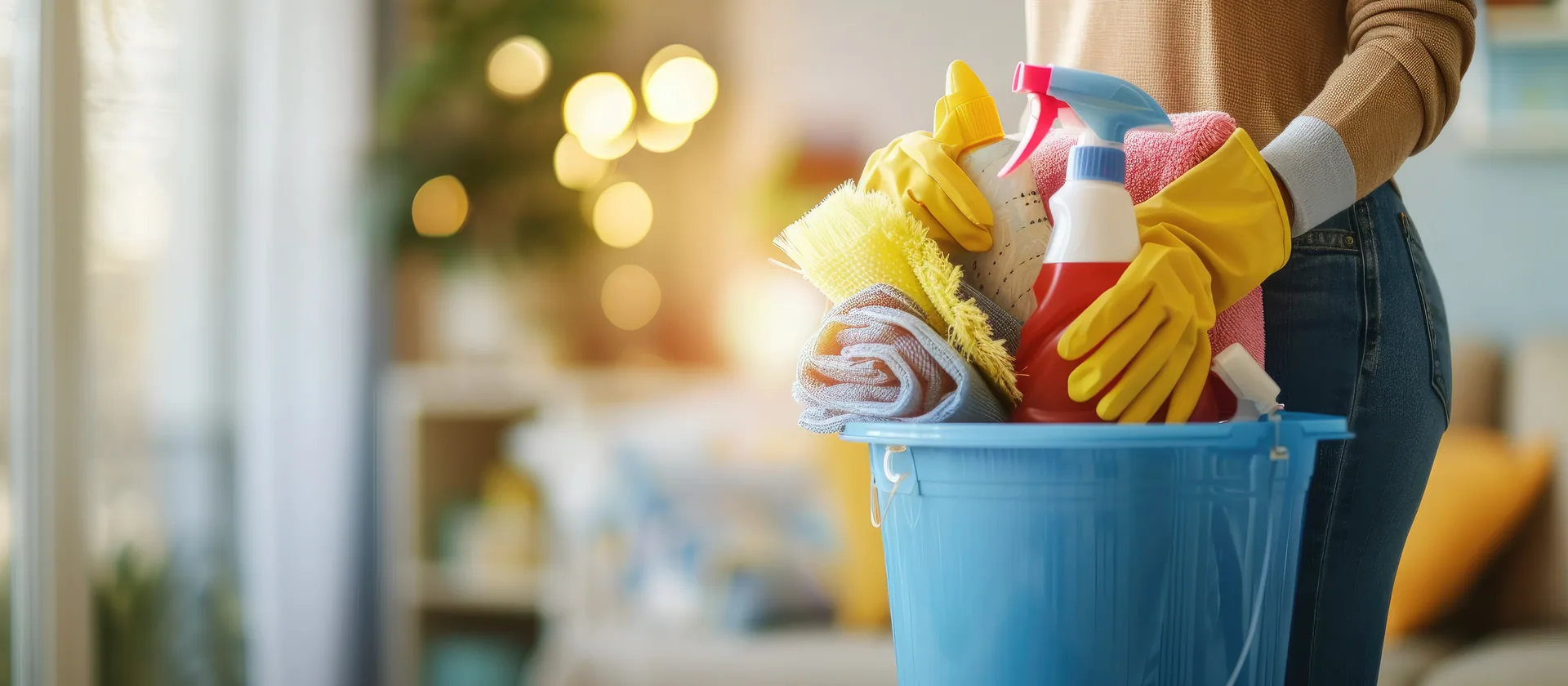 Professional cleaning supplies in a bright Sarasota home interior